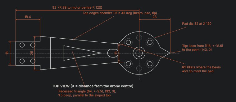 Drawing of the Faust v0 arm, top view with dimensions